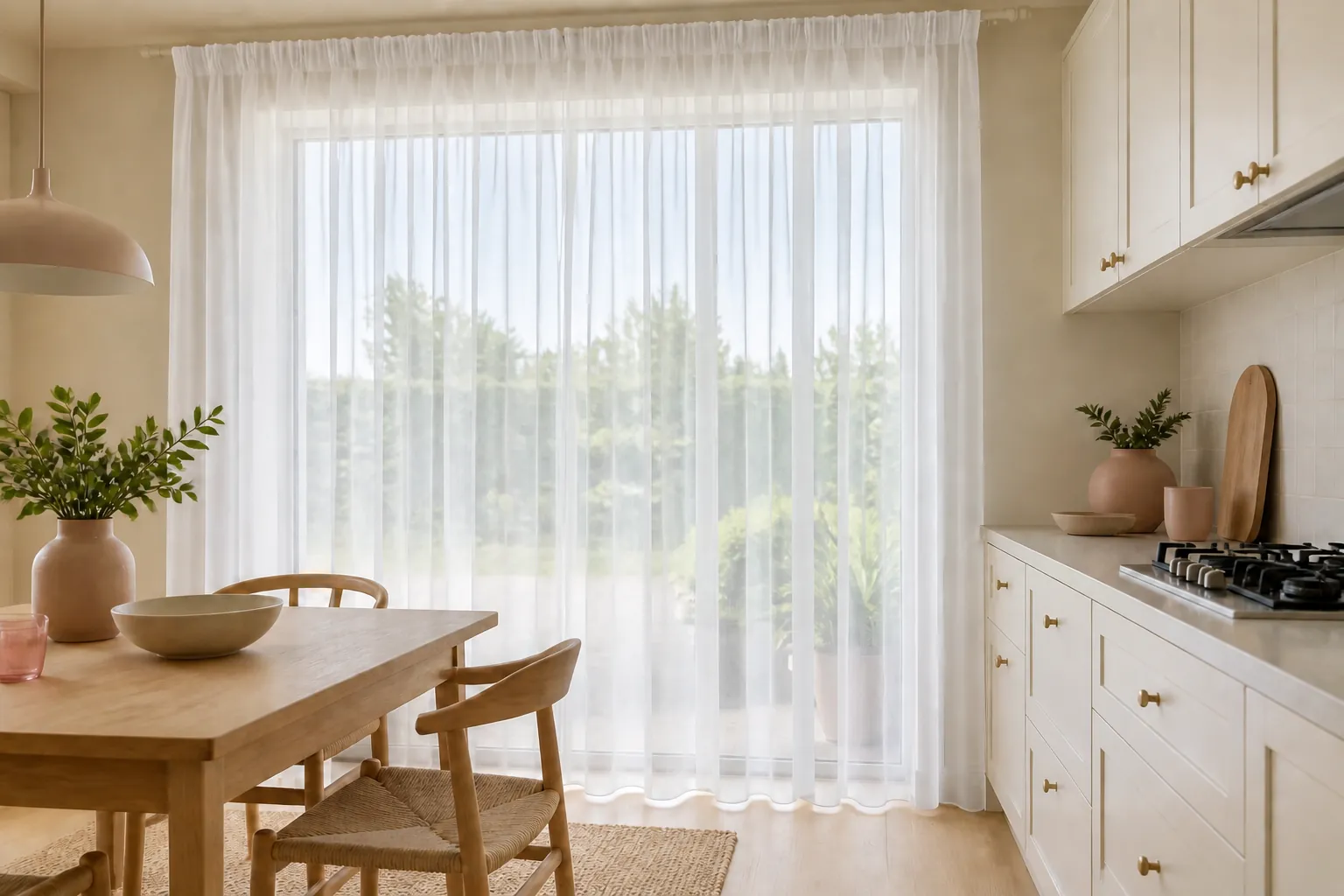 Прозрачный белый тюль Saira Home в уютной кухне